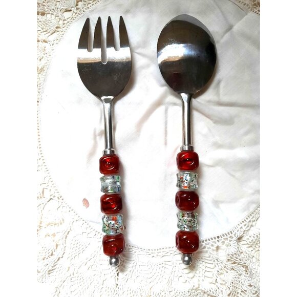 Pampered Chef Large 12" Square Glass Beaded Handled Serving Utensil Set - Picture 3 of 4